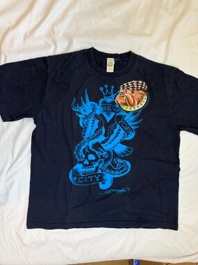 Ed Hardy Black T-Shirt with Blue and Orange Graphic